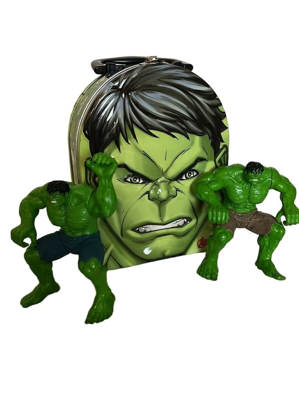Tin box lunch tin and Two 4.5” Hulk figures with movable legs and arms